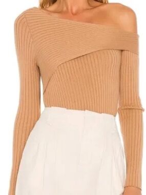 Heartloom Odessa Asymmetric Off-Shoulder Ribbed Sweater in Camel